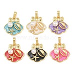 Brass Enamel Pendants, with ABS Plastic Imitation Pearl, Shell Shape with Starfish Charms, Real 18K Gold Plated, Mixed Color, 18.5x19x6mm, Hole: 5x4mm(KK-CBAEBFB-12G)
