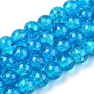 Spray Painted Crackle Transparent Glass Beads Strands, Round, Deep Sky Blue, 8mm, Hole: 1.3~1.6mm, about 100pcs/strand, 31.4 inch(X-CCG-Q001-8mm-06-A)