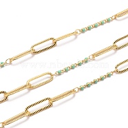 Golden Plated Handmade Enamel Beaded Chains, Brass Paperclip Chains, Long-Lasting Plated, Soldered, with Spool, Dark Turquoise, Link: 15x5x0.7mm and 5x1.7x2mm, about 32.8 Feet(10m)/roll(CHC-H101-01G-K)