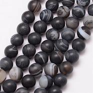 Natural Striped Agate/Banded Agate Bead Strands, Round, Grade A, Frosted, Dyed & Heated, Black, 8mm, Hole: 1mm, about 47pcs/strand, 15 inch(G-K166-12-8mm-03)