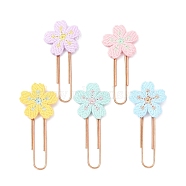 Polyester Embroidered Flower Bookmarks, Rose Golden Iron Paper Clips, Mixed Color, 58x25x3.5mm(AJEW-JK00280)