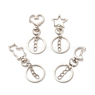 Alloy Swivel Keychain Clasps, with Iron Split Key Rings, Flower & Cat & Heart & Moon & Star, Mixed Shape, Platinum, 64~71mm(KEYC-JKC00329-02)