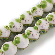Handmade Printed Porcelain Beads, Lucky Cat with Flower Pattern, Green, 15mm, Hole: 2.3mm, about 25pcs/Strand, 13.58''(34.5cm)(PORC-M003-08D)