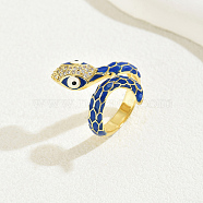 Vintage Brass Cubic Zirconia Snake Rings for Women, Enamel Cuff Rings, Blue, Inner Diameter: 16~18mm(YG1167-2)