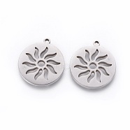 201 Stainless Steel Pendants, Manual Polishing, Flat Round with Sun, Stainless Steel Color, 18x16x1.5mm, Hole: 1.2mm(STAS-F231-058P)
