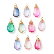 Transparent Glass Pendants, with Real 18K Gold Plated Copper Wire Loops, Teardrop Charms, Mixed Color, 18x8x4.5mm, Hole: 1.8mm(PALLOY-JF02482)