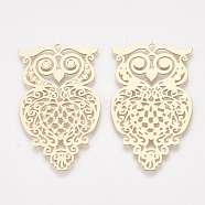 Brass Pendants, Etched Metal Embellishments, Owl, Light Gold, 39x22.5x0.3mm, Hole: 1.6mm(X-KKC-T001-16KC)