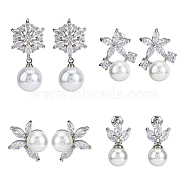 4 Pairs 4 Style Brass Micro Pave Cubic Zirconia Stud Earrings with Plastic Imitation Pearls, Flower, Platinum, 15~27.5x10~15.5mm, 1 Pair/style(EJEW-FI0003-11)