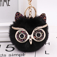 Pom Pom Ball Keychain, with KC Gold Tone Plated Alloy Lobster Claw Clasps, Iron Key Ring and Chain, Owl, Black, 12cm(KEYC-PW0002-033L)