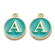 Golden Plated Alloy Enamel Charms, Enamelled Sequins, Flat Round with Alphabet, Letter.A, Green, 14x12x2mm, Hole: 1.5mm(X-ENAM-Q437-15A)