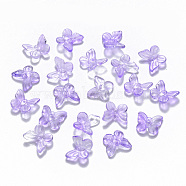 Transparent Spray Painted Glass Charms, with Glitter Powder, Butterfly, Medium Orchid, 9.5x11x3mm, Hole: 0.8mm(X-GLAA-T016-21B)