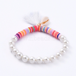 Tassels Charm Stretch Bracelets, with Handmade Polymer Clay Heishi Beads, Shell Pearl Beads and Natural Cowrie Shell Beads, White, 2-1/4 inch(5.7cm)(BJEW-JB05080-01)