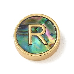 Brass Beads, with Resin Imitation Paua Shell, Flat Round, Real 14K Gold Plated, Letter R, 13.5x4mm, Hole: 1.6mm(KK-U046-17G-R)