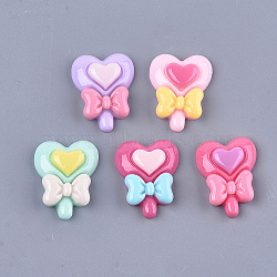 Resin Cabochons, Heart Lollipop with Bowknot, Mixed Color, 23~23.5x18x6mm(CRES-S304-102)