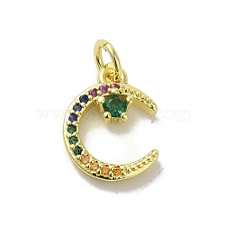 Real 18K Gold Plated Brass Pave Cubic Zirconia Pendants, with Jump Rings, Moon, Colorful, 13.5x10x3mm, Hole: 3mm(KK-M283-01B-02)