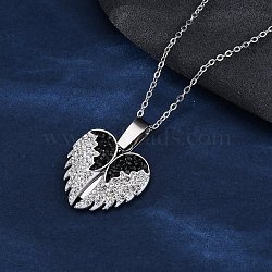 304 Stainless Steel Polymer Clay Rhinestones Wing Openable Pendant Necklaces for Women, Jet and Crystal, Stainless Steel Color, 17.95 inch(45.6cm)(NJEW-Z065-14P-02)