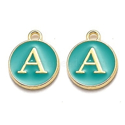 Golden Plated Alloy Enamel Charms, Enamelled Sequins, Flat Round with Alphabet, Letter.A, Green, 14x12x2mm, Hole: 1.5mm(X-ENAM-Q437-15A)