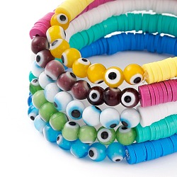 Polymer Clay Heishi Beads Stretch Bracelets Sets, Stackable Bracelets, with Evil Eye Lampwork Round Beads, Mixed Color, Inner Diameter: 2-1/8 inch(5.3cm), 5pcs/set(BJEW-JB05905)