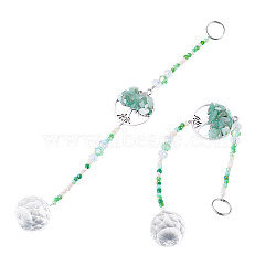 Glass Teardrop Window Hanging Suncatchers, Natural Green Aventurin Chip and Alloy Tree of Life Pendants Outdoor & Garden Decor, Antique Silver, 179mm, 2pcs/set(HJEW-TADJ0004)