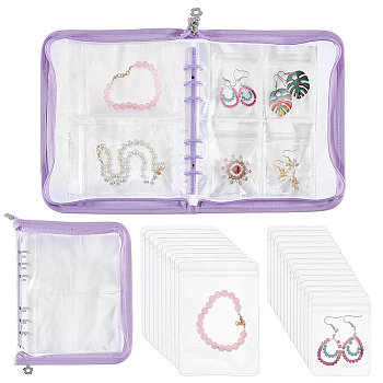 Transparent Jewelry Organizer Storage Zipper Bag, 3 Inch 5 Inch Jewelry Storage Loose Leaf Album with 60Pcs Zip Lock Bags, Holder for Rings Earring Necklaces Bracelets, Rectangle, Lilac, 23x18.5x2.5cm