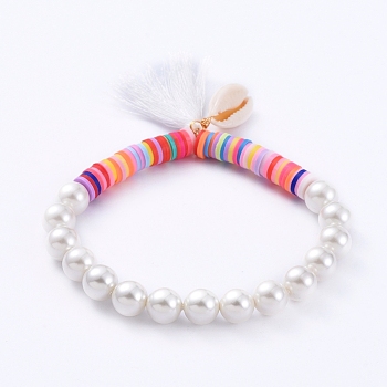 Tassels Charm Stretch Bracelets, with Handmade Polymer Clay Heishi Beads, Shell Pearl Beads and Natural Cowrie Shell Beads, White, 2-1/4 inch(5.7cm)