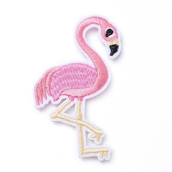 Computerized Embroidery Cloth Iron on/Sew on Patches, Costume Accessories, Appliques, Flamingo Shape, Pink, 68x40x1.5mm