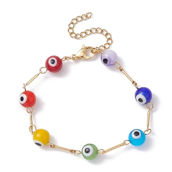 Lampwork Evil Eye Link Chain Bracelets, with Golden Brass Bar Link Chains, Colorful, 7-3/4 inch(19.8cm)