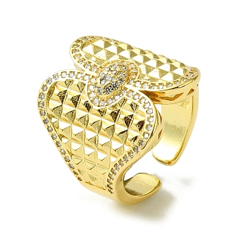 Brass Micro Pave Cubic Zirconia Open Cuff Rings, Wide Band Rings, Real 16K Gold Plated, US Size 8(18.1mm)