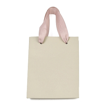 Paper Gift Tote Bags with Pink Ribbon Handles, for Wedding Birthday Baby Shower, Recycled Bags, Rectangle, Antique White, 12x6x16cm