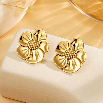 Flower 304 Stainless Steel Stud Earrings for Women, Golden, 28.5x26mm