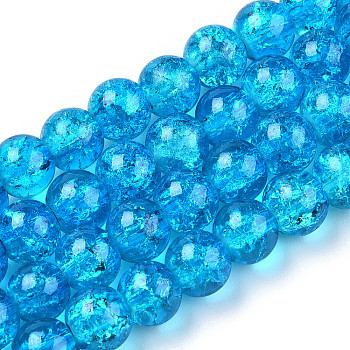 Spray Painted Crackle Transparent Glass Beads Strands, Round, Deep Sky Blue, 8mm, Hole: 1.3~1.6mm, about 100pcs/strand, 31.4 inch