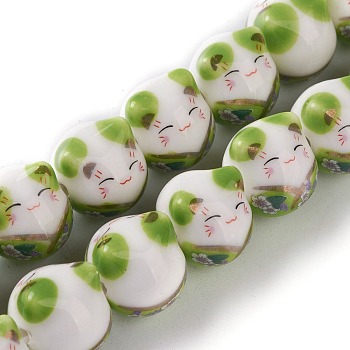 Handmade Printed Porcelain Beads, Lucky Cat with Flower Pattern, Green, 15mm, Hole: 2.3mm, about 25pcs/Strand, 13.58''(34.5cm)