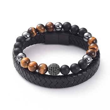 Unisex Stackable Bracelets Sets, Natural Tiger Eye & Agate Beads, Brass Cubic Zirconia Beads, Non-Magnetic Synthetic Hematite Beads, Leather Cord, 304 Stainless Steel Magnetic Clasps and Cardboard Box, 2-1/8 inch(5.5cm), 8-1/4 inch(21cm), 2pcs/set