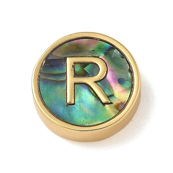 Brass Beads, with Resin Imitation Paua Shell, Flat Round, Real 14K Gold Plated, Letter R, 13.5x4mm, Hole: 1.6mm