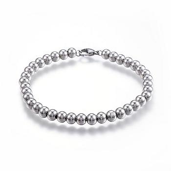304 Stainless Steel Beaded Bracelets, with Lobster Clasp, Stainless Steel Color, 7-5/8 inch(195mm)x6mm