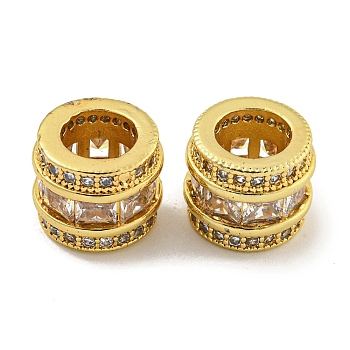 Rack Plating Brass Micro Pave Clear Cubic Zirconia European Beads, Large Hole Beads, Long-Lasting Plated, Lead Free & Cadmium Free, Cloumn, Real 18K Gold Plated, 10x8mm, Hole: 5.7mm