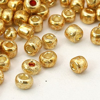 (Repacking Service Available) 8/0 Glass Seed Beads, Metallic Colours Style, Round, Gold, 8/0, 3mm, Hole: 1mm, about 400pcs/pound