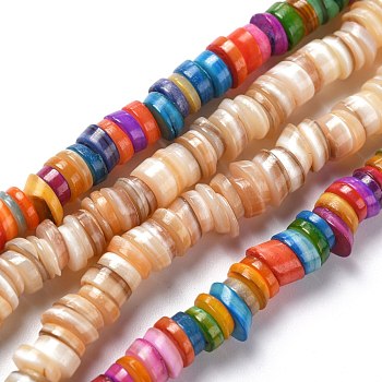 Natural Freshwater Shell Beads Strands, Heishi Beads, Flat Round/Disc, Mixed Color, 5~7x1.5~2.5mm, Hole: 1.2mm, about 200pcs/strand, 15.75''(40cm)