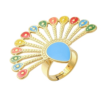 Peacock Enamel Finger Rings, 304 Stainless Steel Open Cuff Rings for Women, Golden, Adjustable, Peacock: 34x47.5mm