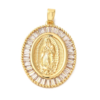 Rack Plating Brass Micro Pave Cubic Zirconia Pendants, Cadmium Free & Lead Free, Long-Lasting Plated, Oval with Holy Virgin Charms, Real 18K Gold Plated, 31x24x3mm, Hole: 5x4mm