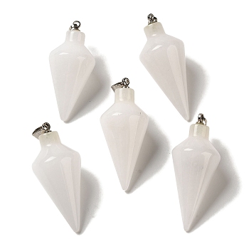 Natural White Jade Pendants, Cone Charms with Rack Plating Platinum Plated Brass Snap on Bails, 36~36.5x15~15.5mm, Hole: 5~6.5x2mm