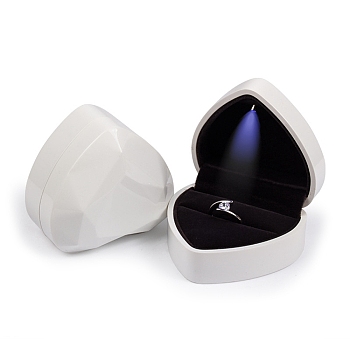 Heart Shaped Plastic Ring Storage Boxes, Jewelry Ring Gift Case with Velvet Inside and LED Light, White, 7.15x6.4x4.35cm