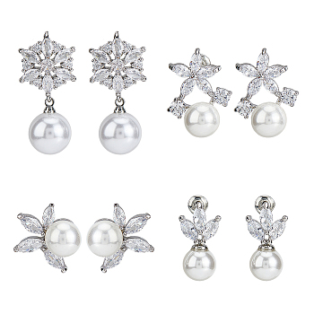 4 Pairs 4 Style Brass Micro Pave Cubic Zirconia Stud Earrings with Plastic Imitation Pearls, Flower, Platinum, 15~27.5x10~15.5mm, 1 Pair/style