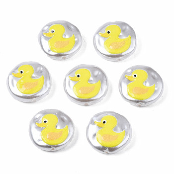 3D Printed ABS Plastic Imitation Pearl Beads, Flat Round with Duck, Yellow, 16x5mm, Hole: 0.9mm
