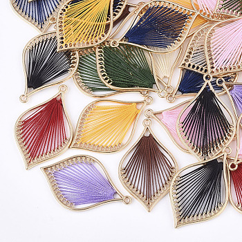Cotton Thread Woven Pendants, with Alloy Findings, Leaf, Golden, Mixed Color, 43x26.5x2mm, Hole: 1.8mm