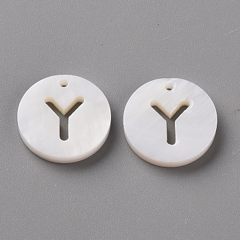 Natural Freshwater Shell Pendants, Flat Round with Letter, Letter.Y, 12x1.5mm, Hole: 1mm