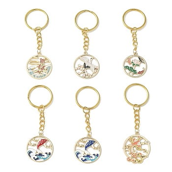Alloy Enamel Pendants Keychain, with Iron Split Key Rings, Flat Round with Fish/Phoenix/Flower, Mixed Color, 8~8.5cm, 6pcs/set