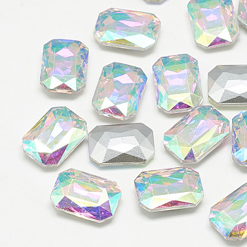 Pointed Back Glass Rhinestone Cabochons, Faceted, Rectangle Octagon, Crystal AB, 6x4x2mm