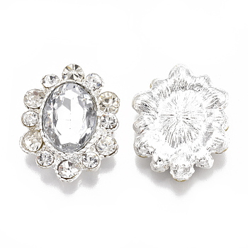 Alloy Acrylic Rhinestone Cabochons, with Rhinestone, Faceted, Oval, Silver Color Plated, Clear, 24x18x5~5.5mm