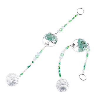 Glass Teardrop Window Hanging Suncatchers, Natural Green Aventurin Chip and Alloy Tree of Life Pendants Outdoor & Garden Decor, Antique Silver, 179mm, 2pcs/set